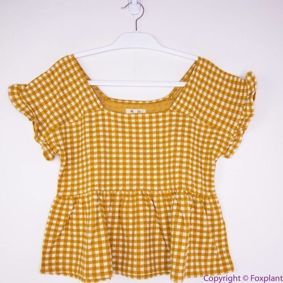 NEW Madewell Gingham Knit Ruffle-Hem Top, color: gold, L - Picture 3 of 16